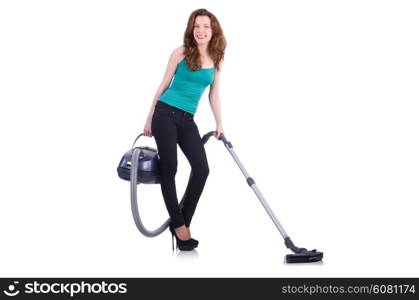 Young woman with vacuum cleaner on white