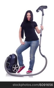 Young woman with vacuum cleaner on white