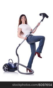 Young woman with vacuum cleaner on white