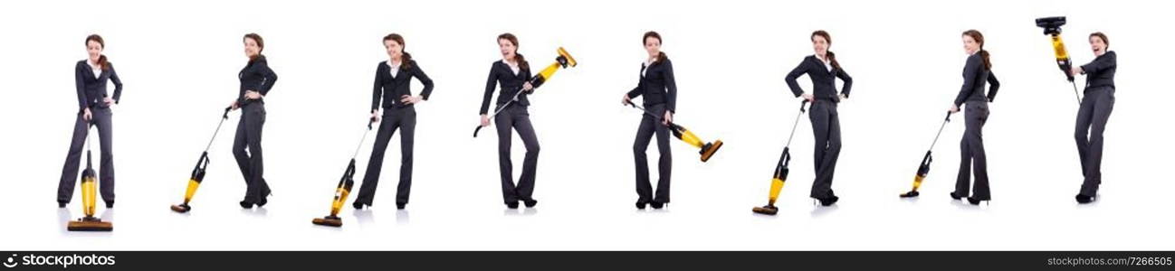 Young woman with vacuum cleaner on white