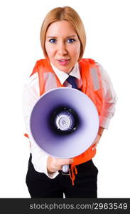 Young woman with vest and loudspeaker on white