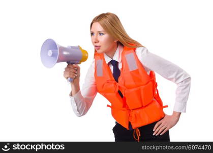 Young woman with vest and loudspeaker on white