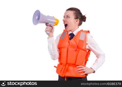 Young woman with vest and loudspeaker on white