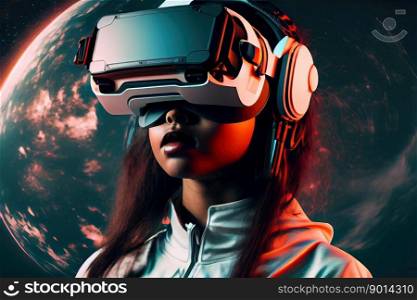 Young woman with VR headset glasses experiencing virtual space travel. Generative AI.. Young woman with VR headset glasses experiencing virtual reality space travel. Generative AI.