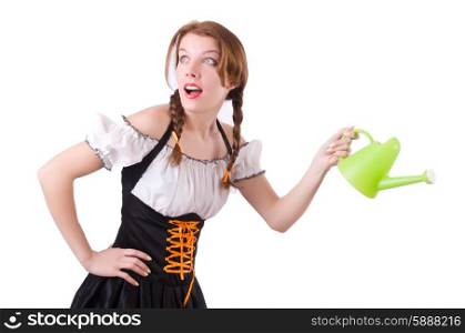 Young woman with watering can isolated on white