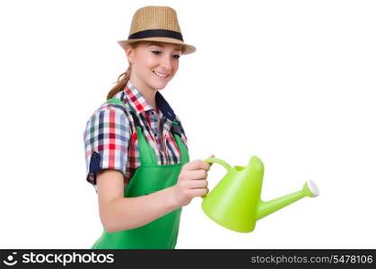 Young woman with watering can on white