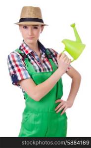 Young woman with watering can on white