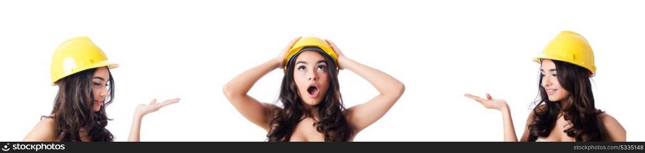Young woman with yellow hard hat on white