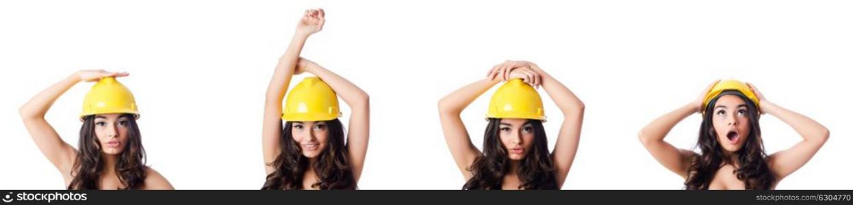 Young woman with yellow hard hat on white