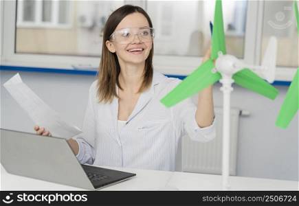 young woman working energy power innovation
