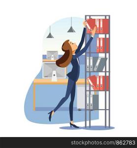 Young Woman Working in Office with Documents, Getting Binder from Rack Top Shelf Flat Vector Illustration Isolated on White Background. Daily Office Work Routine, Company Trainee Practice Concept
