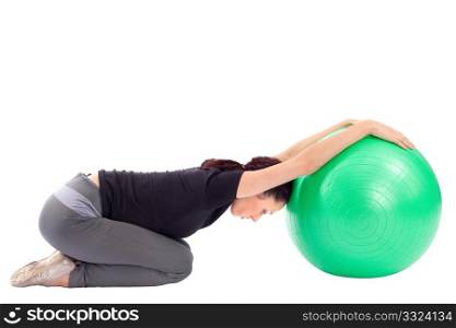 Young woman working out with gym ball, isolated on white.