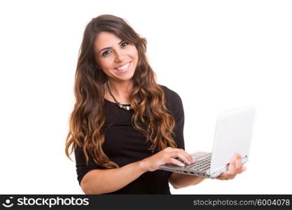 Young woman working with her laptop, isolated over a white background