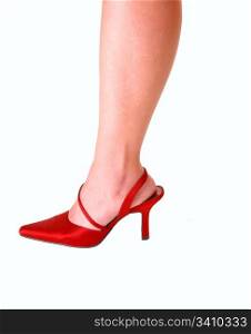 Young womans leg in red high heels for light blue background.