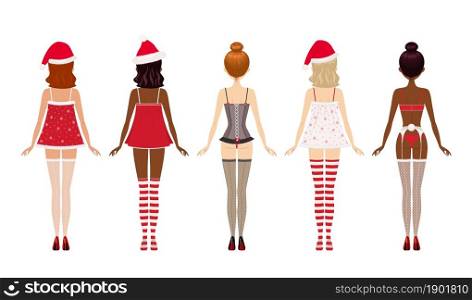 Young women dressed in Christmas underwear. Back views. Vector illustration. Cartoon flat style