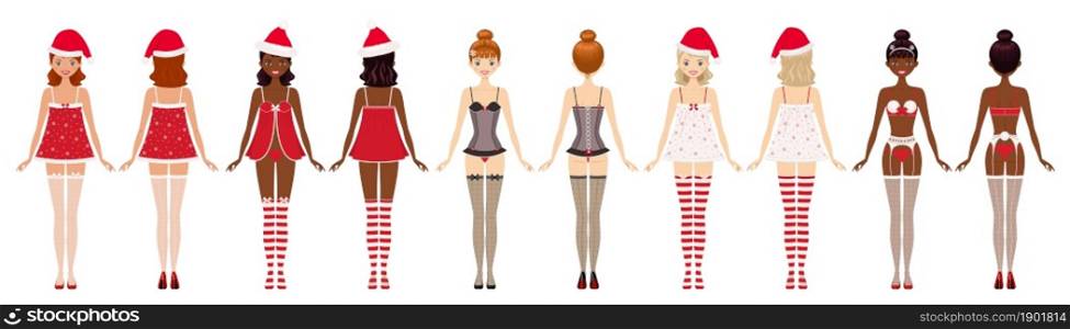 Young women dressed in Christmas underwear. Front and back views. Cartoon flat style. Vector illustration