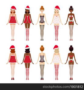 Young women dressed in Christmas underwear. Front and back views. Vector illustration. Cartoon flat style