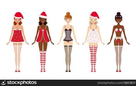 Young women dressed in Christmas underwear. Vector illustration. Cartoon flat style