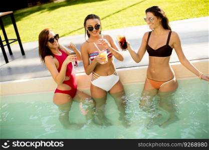 Young women drinking coctail and having fun by swimming pool at hot summer day