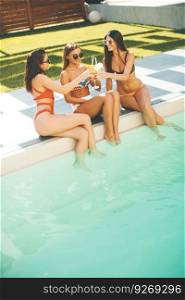 Young women drinking coctail and having fun by swimming pool at hot summer day