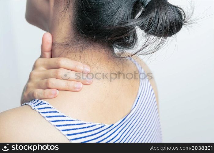 young women neck and shoulder pain injury, healthcare and medica. young women neck and shoulder pain injury, healthcare and medical concept