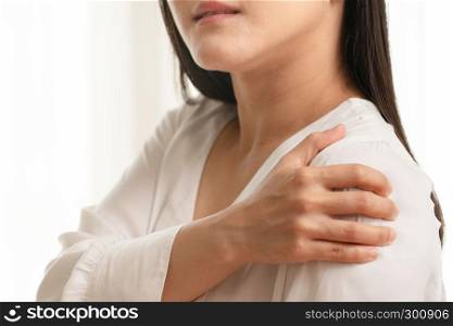 young women neck and shoulder pain injury, healthcare and medical concept