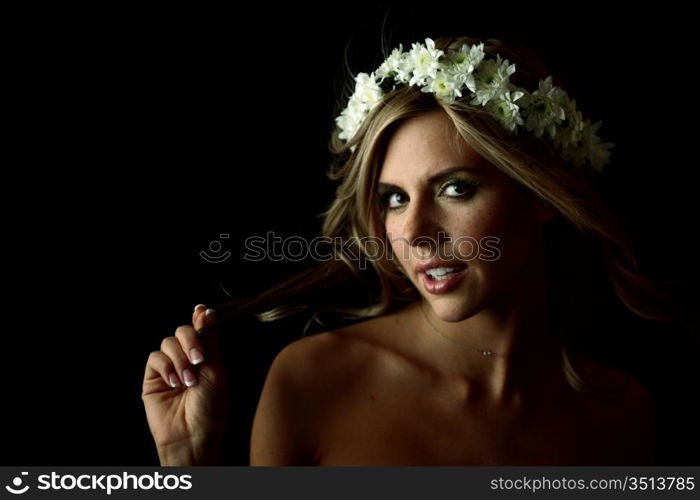 young women on black flowers in hair