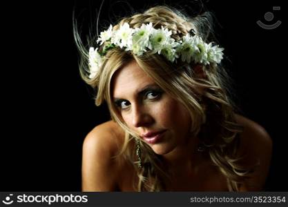 young women on black flowers in hair