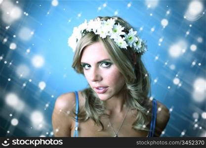 young women on blue flowers in hair