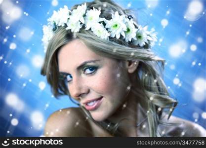 young women on blue flowers in hair