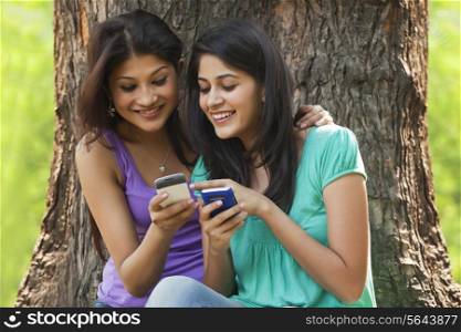 Young women sitting against tree trunk using cell phone