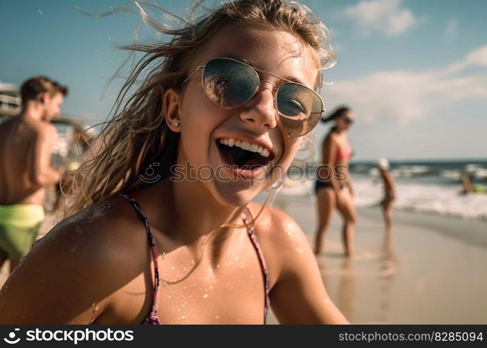 young women swimming at the sea beach and playing in sea water on tropical beach , Happy summer vacation lifestyle on beach holiday , Generate Ai