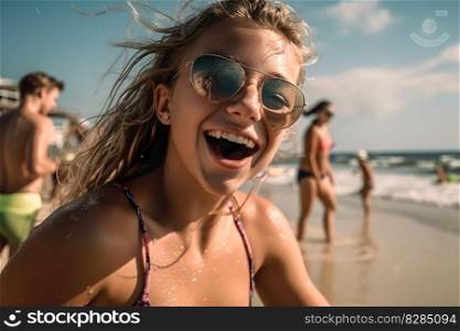 young women swimming at the sea beach and playing in sea water on tropical beach , Happy summer vacation lifestyle on beach holiday , Generate Ai