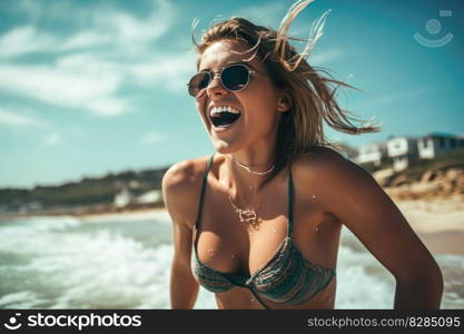 young women swimming at the sea beach and playing in sea water on tropical beach , Happy summer vacation lifestyle on beach holiday , Generate Ai