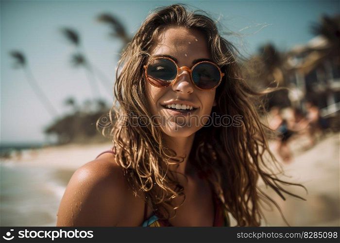 young women swimming at the sea beach and playing in sea water on tropical beach , Happy summer vacation lifestyle on beach holiday , Generate Ai