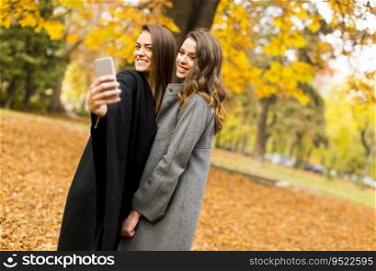Young women taking selfie with mobile phone in the autumn forest