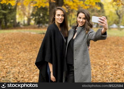 Young women taking selfie with smartphone outdoor