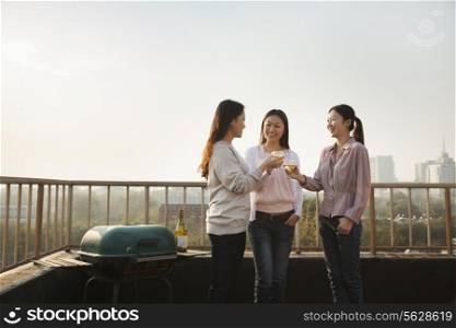 Young Women Toasting Each Other on Rooftop at Sunset
