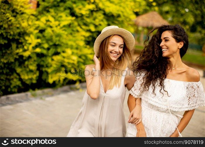 Young women walking in the park