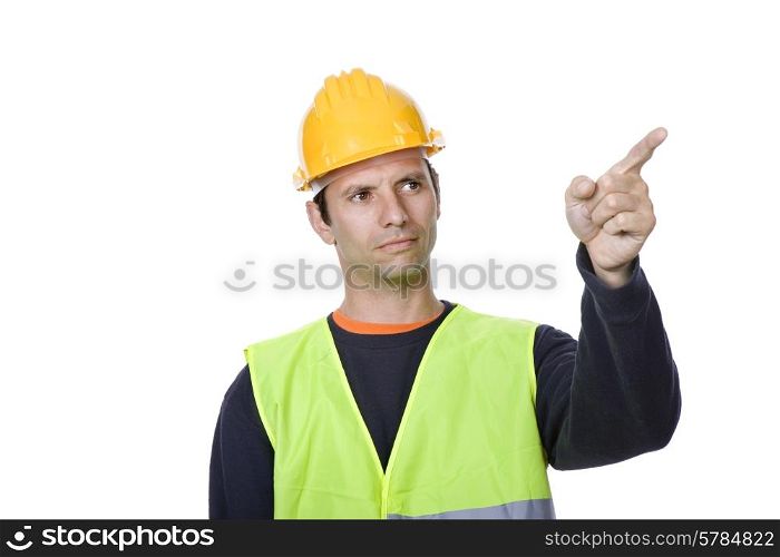 young worker pointing, in a white background
