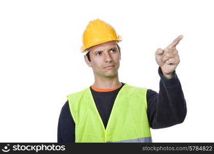 young worker pointing, in a white background