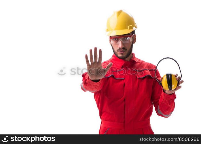Young worker with noise cancelling headphones on white