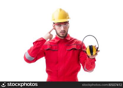 Young worker with noise cancelling headphones on white