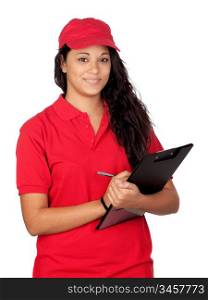 Young worker with red uniform and clipboard isolated on white background
