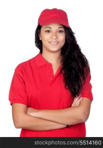 Young worker with red uniform isolated on white background