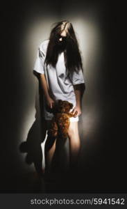 Young zombie girl with teddy bear (ancient style version)
