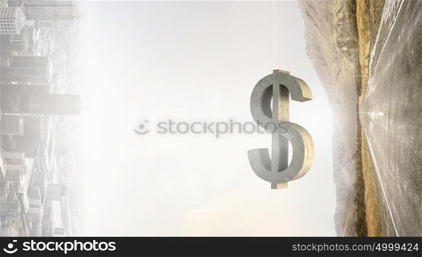Your money investments. Big stone dollar currency sign on asphalt road