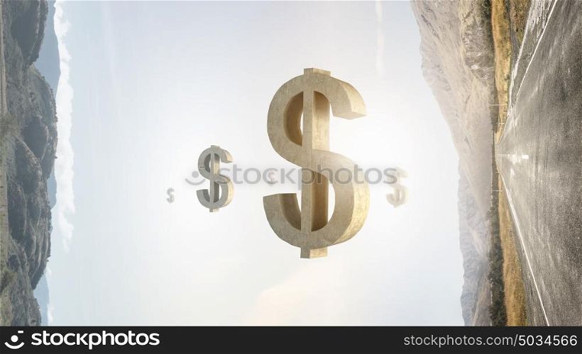 Your money investments. Big stone dollar currency sign on asphalt road