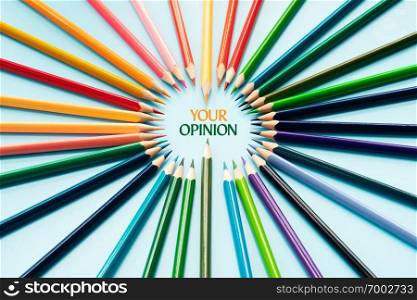 Your opinion matters. group of color share opinion on blue background