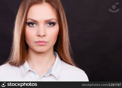 Youth and self-care. Young pretty woman portrait in make up. Face of beauty girl with straight smoothy hair and casual makeup.. Portrait of beauty amazing young woman.